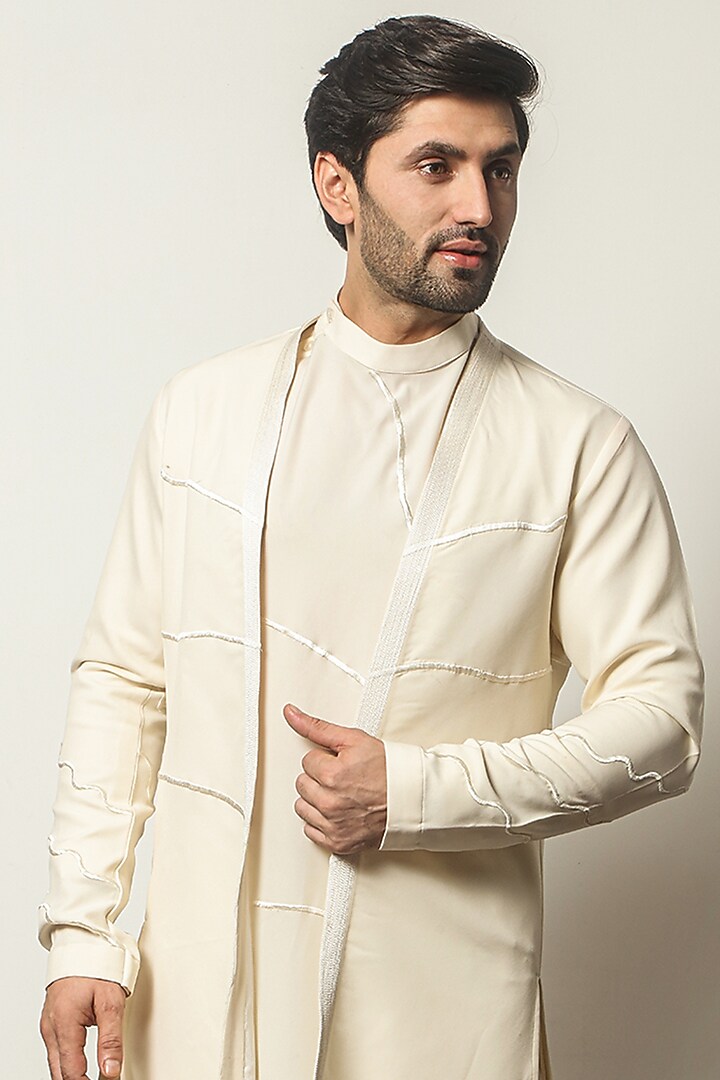 Cream Crepe Indo-Western Jacket Set by P.S PANKAJ SONI at Pernia's Pop Up Shop
