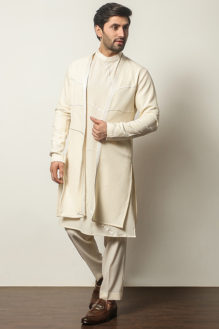 Cream Crepe Indo-Western Jacket Set by P.S PANKAJ SONI at Pernia's Pop Up Shop