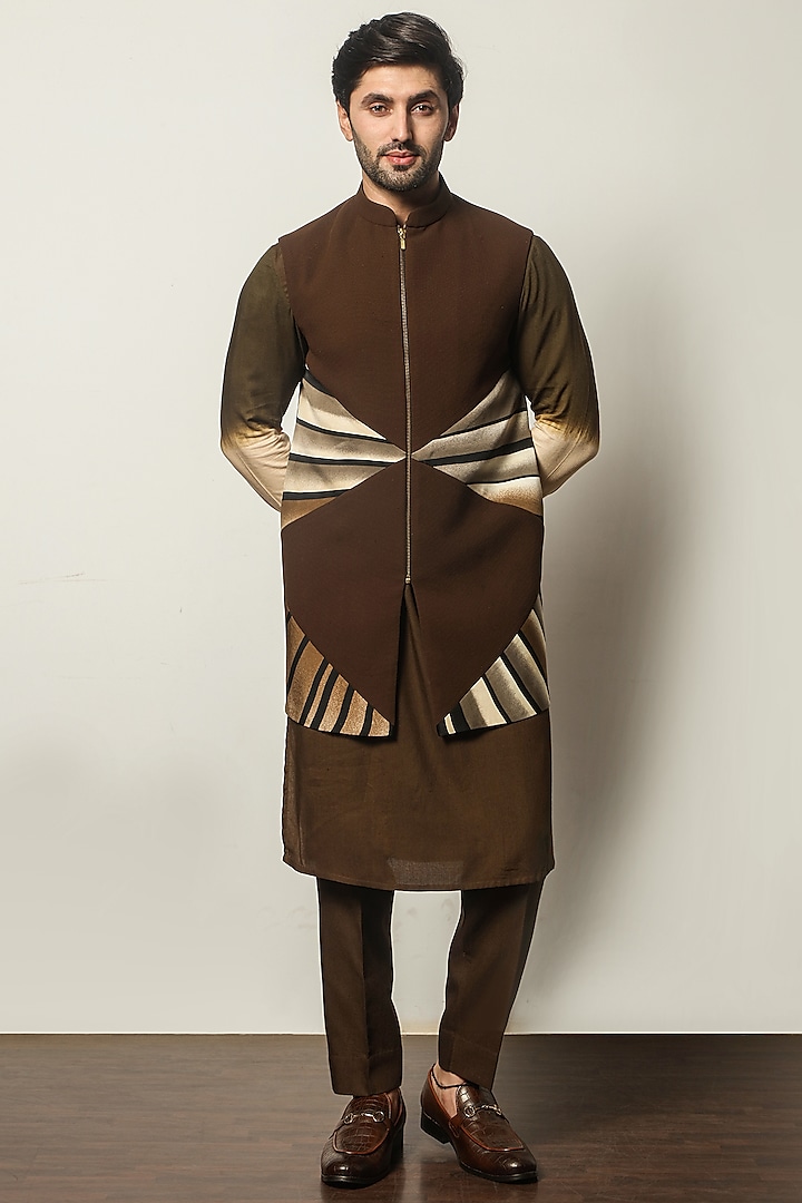 Brown Tie-Dye Kurta Set With Indowestern Jacket by P.S PANKAJ SONI