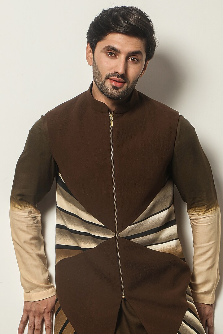 Brown Tie-Dye Kurta Set With Wedding Indowestern Jacket by P.S PANKAJ SONI at Pernia's Pop Up Shop