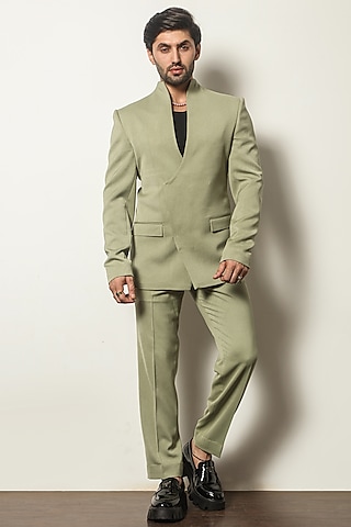 Pastel Green Crepe Tuxedo Set by P.S PANKAJ SONI
