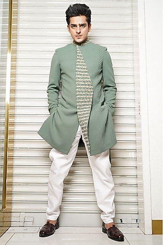 Pista Green Japanese Poly Cutdana Embellished Asymmetric Indowestern Set by P.S PANKAJ SONI