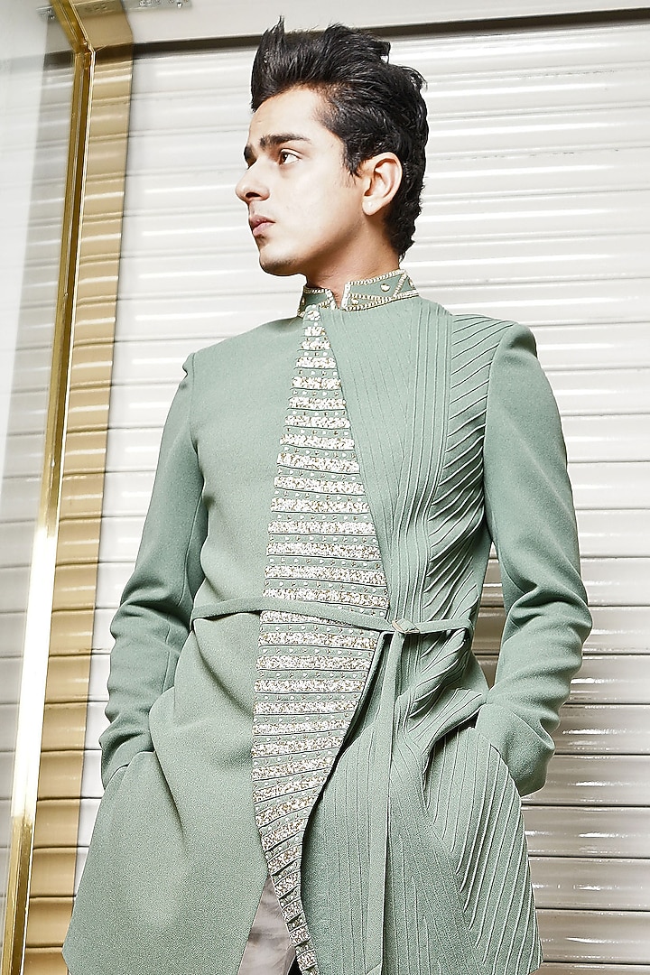 Pista Green Japanese Poly Cutdana Embellished Asymmetric Groom Indowestern Set by P.S PANKAJ SONI at Pernia's Pop Up Shop
