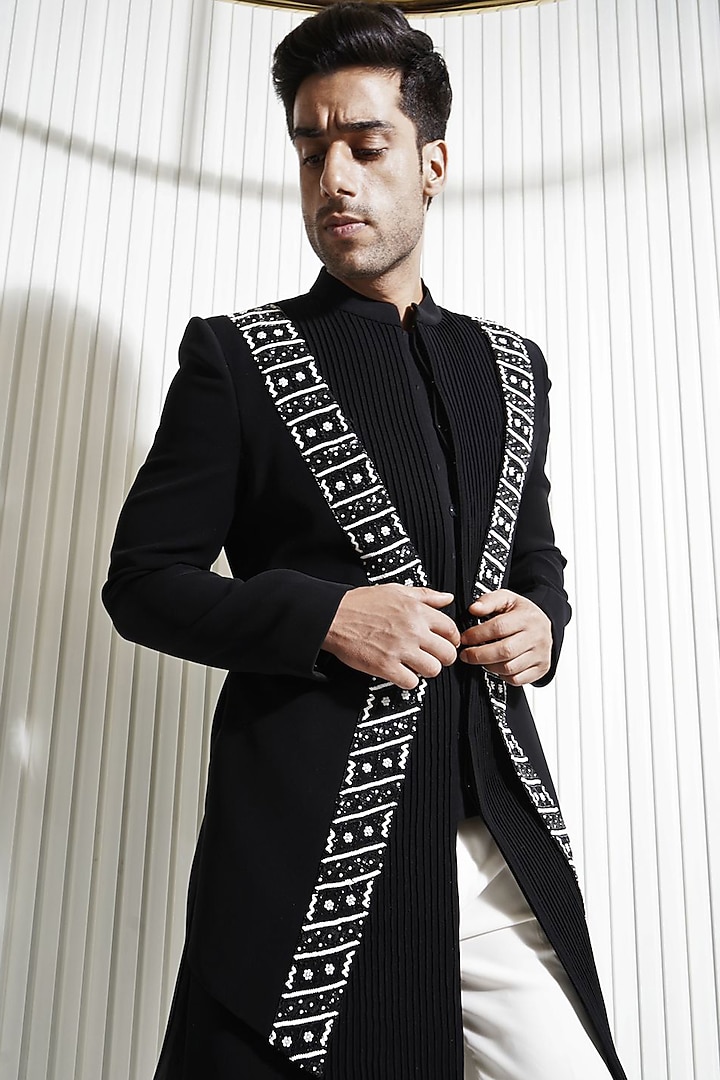 Black Japanese Poly Cutdana Embellished Groom Indowestern Set by P.S PANKAJ SONI at Pernia's Pop Up Shop
