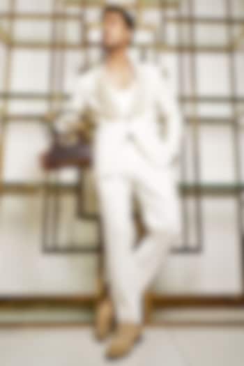 Off-White Japanese Poly Beads & Cutdana Embellished Tuxedo Set by P.S PANKAJ SONI