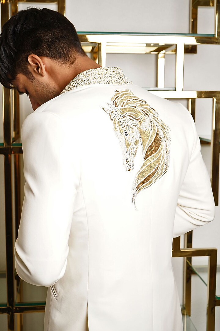 Off-White Japanese Poly Beads & Cutdana Embellished Tuxedo Set by P.S PANKAJ SONI at Pernia's Pop Up Shop