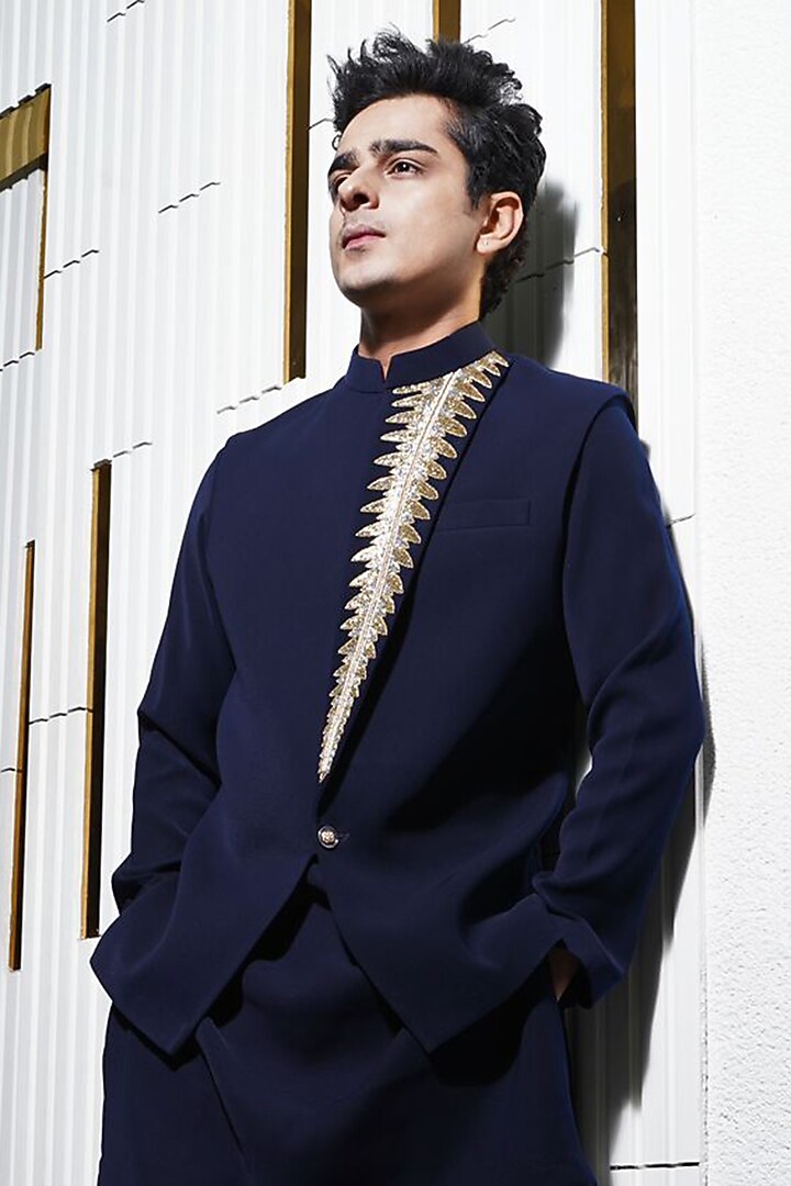 Navy Blue Japanese Poly Cutdana Embellished Bundi Jacket Set by P.S PANKAJ SONI at Pernia's Pop Up Shop