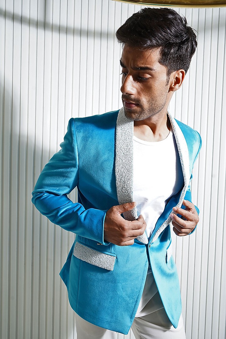 Blue Velvet Embroidered Blazer by P.S PANKAJ SONI at Pernia's Pop Up Shop