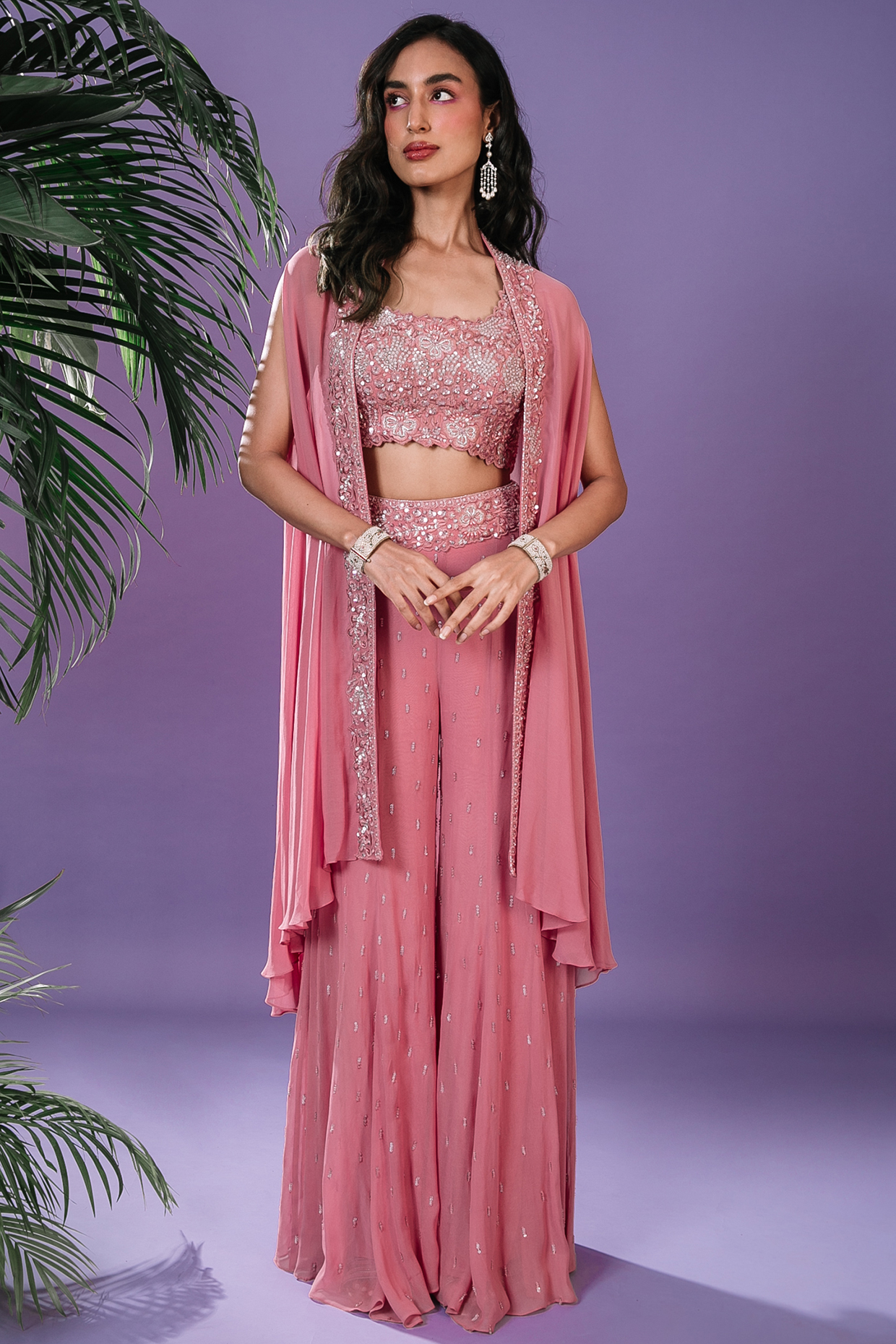 Onion Pink Georgette Machine & Hand Embroidered Cape Set by Pritika Vora at Pernia's Pop Up Shop