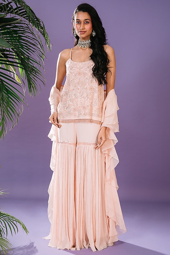 Peach Georgette Wedding Sharara Set by Pritika Vora at Pernia's Pop Up Shop