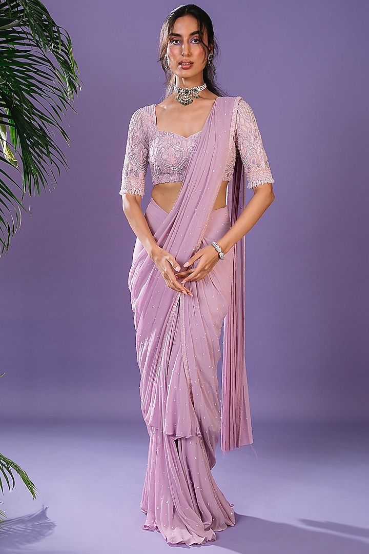 Lavender Georgette Layered Saree Set by Pritika Vora