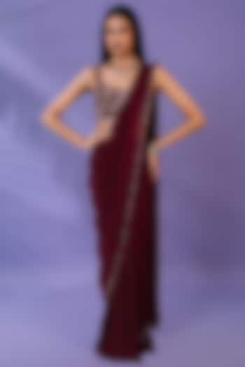 Maroon Georgette Sequins Embroidered Pre-Draped Saree Set by Pritika Vora