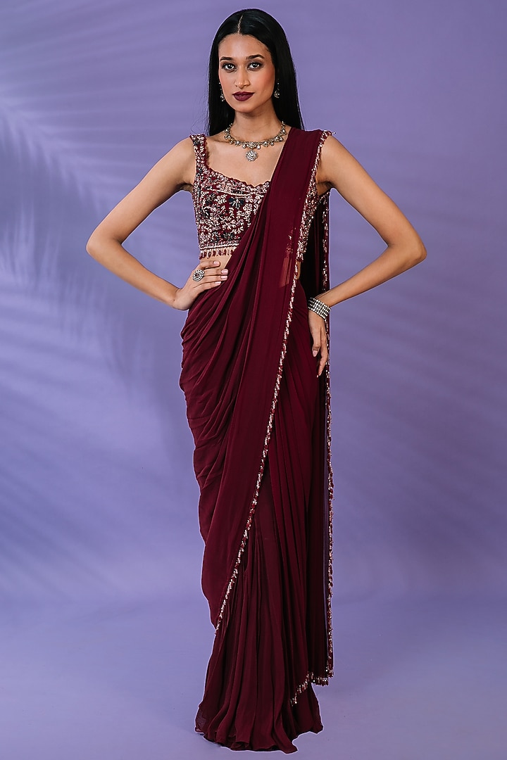 Maroon Georgette Sequins Embroidered Pre-Draped Wedding Saree Set by Pritika Vora at Pernia's Pop Up Shop