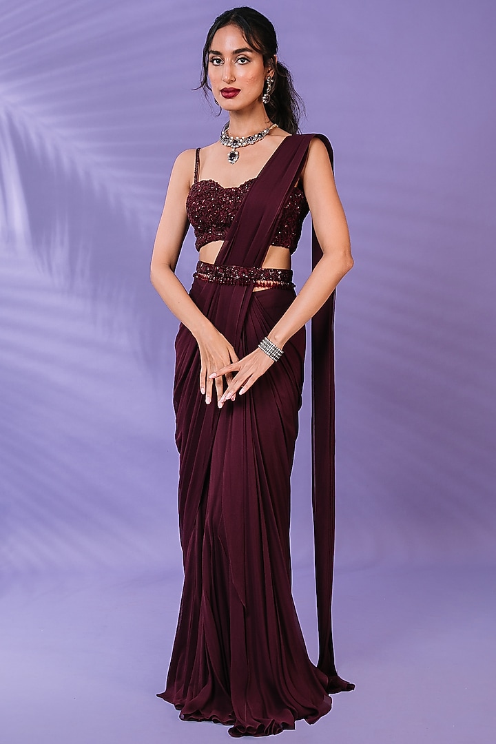 Maroon Georgette Pre-Draped Saree Set by Pritika Vora at Pernia's Pop Up Shop