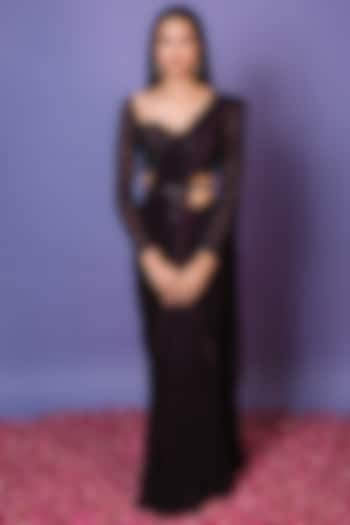 Deep Wine Georgette Sequins Embroidered Pre-Draped Wedding Saree Set by Pritika Vora at Pernia's Pop Up Shop