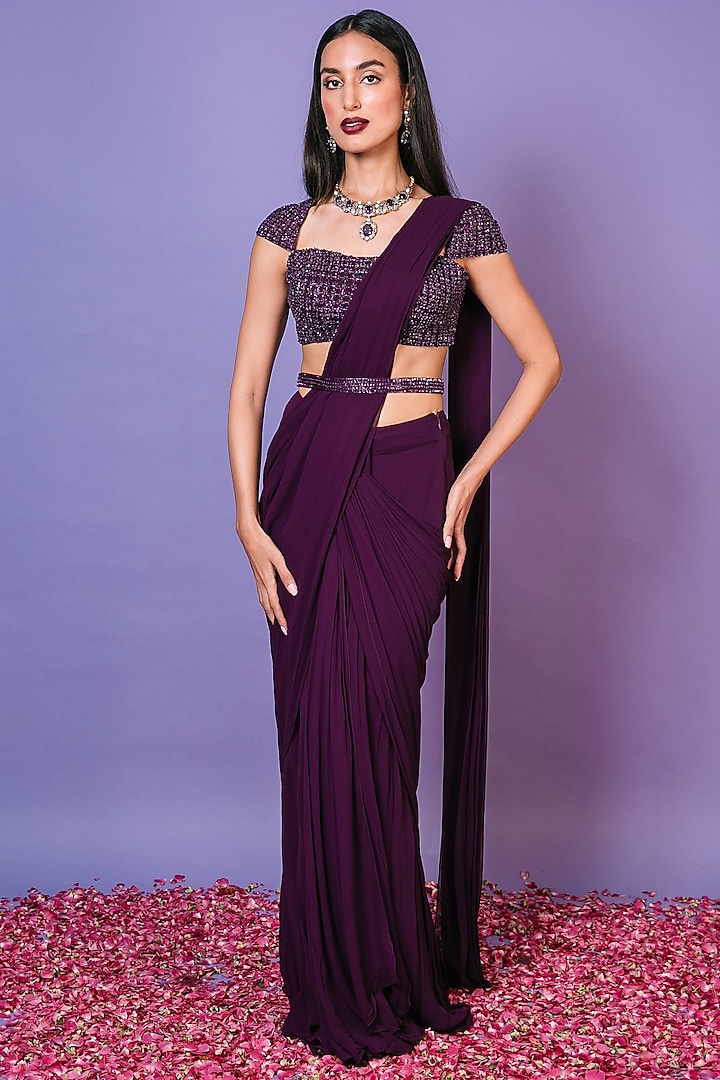 Aubergine Georgette Embroidered Pre-Draped Saree Set by Pritika Vora