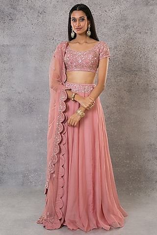 Onion Pink Organza Silk Embroidered Lehenga Set by Pritika Vora