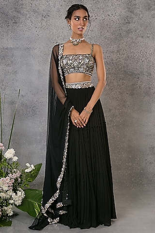 Black Georgette Sequins Embroidered Lehenga Set by Pritika Vora