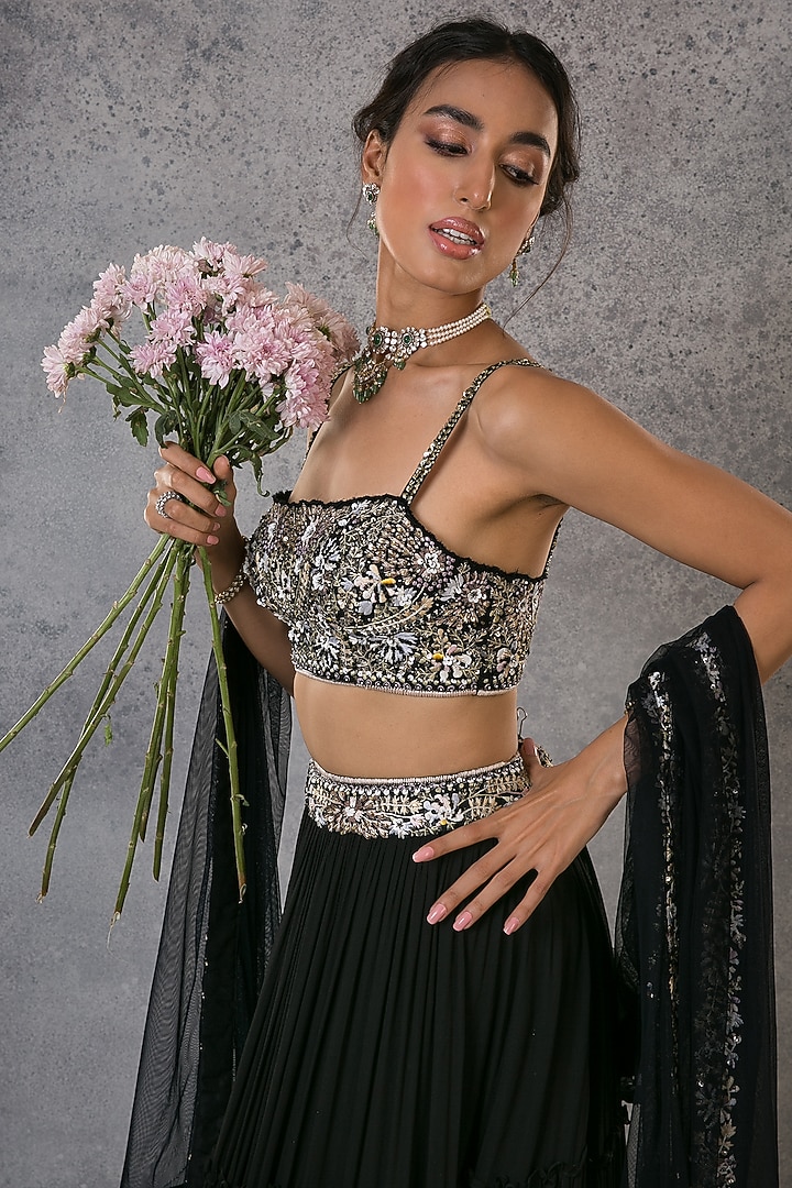 Black Georgette Sequins Embroidered Wedding Lehenga Set by Pritika Vora at Pernia's Pop Up Shop