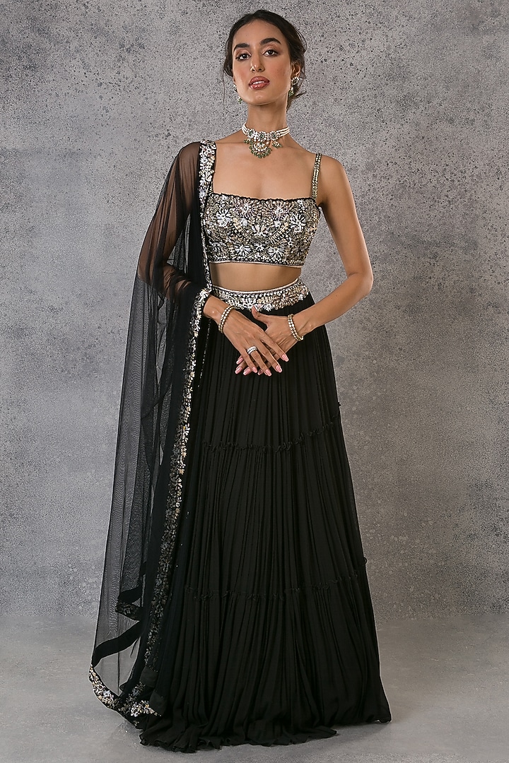 Black Georgette Sequins Embroidered Wedding Lehenga Set by Pritika Vora at Pernia's Pop Up Shop