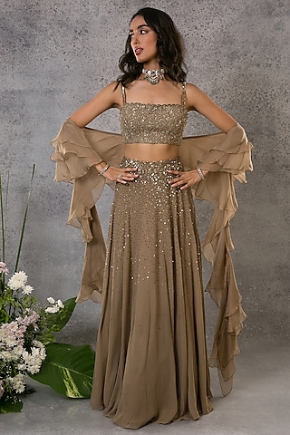 Gold Georgette Pearl Embroidered Lehenga Set by Pritika Vora