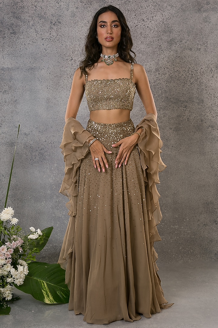 Gold Georgette Pearl Embroidered Wedding Lehenga Set by Pritika Vora at Pernia's Pop Up Shop