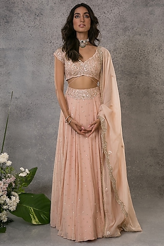 Peach Georgette Pearl Embroidered Lehenga Set by Pritika Vora