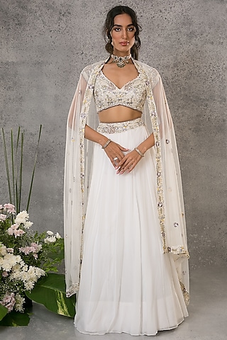 White Georgette Embroidered Lehenga Set by Pritika Vora
