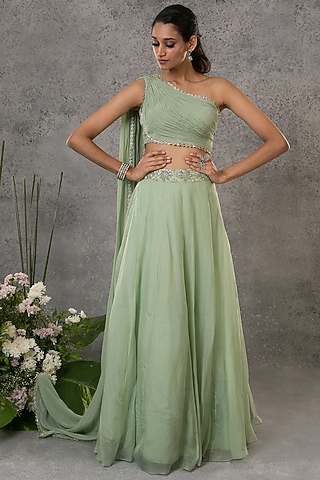 Pista Green Silk Embroidered Lehenga Set by Pritika Vora