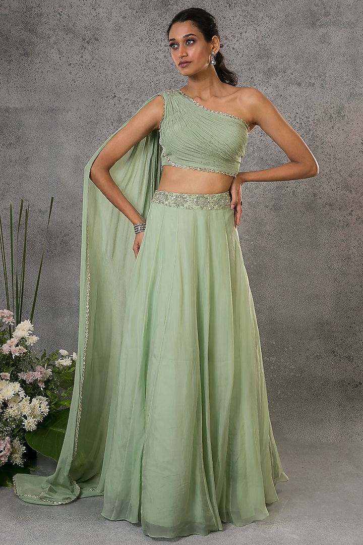 Pista Green Silk Embroidered Wedding Lehenga Set by Pritika Vora at Pernia's Pop Up Shop