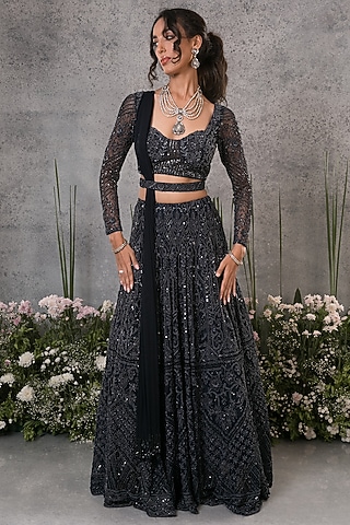 Midnight Blue Net Embroidered Lehenga Set by Pritika Vora