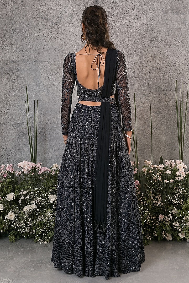 Midnight Blue Net Embroidered Bridal Lehenga Set by Pritika Vora at Pernia's Pop Up Shop