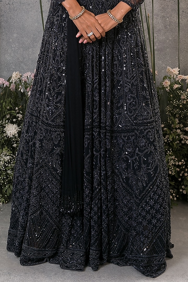 Midnight Blue Net Embroidered Bridal Lehenga Set by Pritika Vora at Pernia's Pop Up Shop