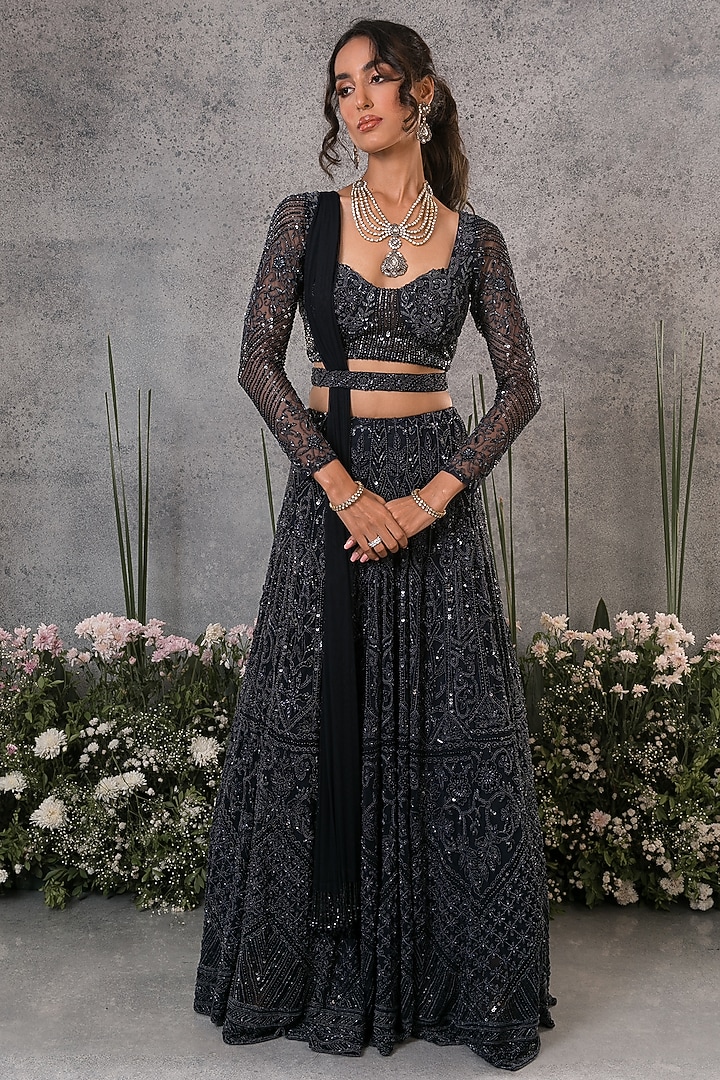 Midnight Blue Net Embroidered Bridal Lehenga Set by Pritika Vora at Pernia's Pop Up Shop