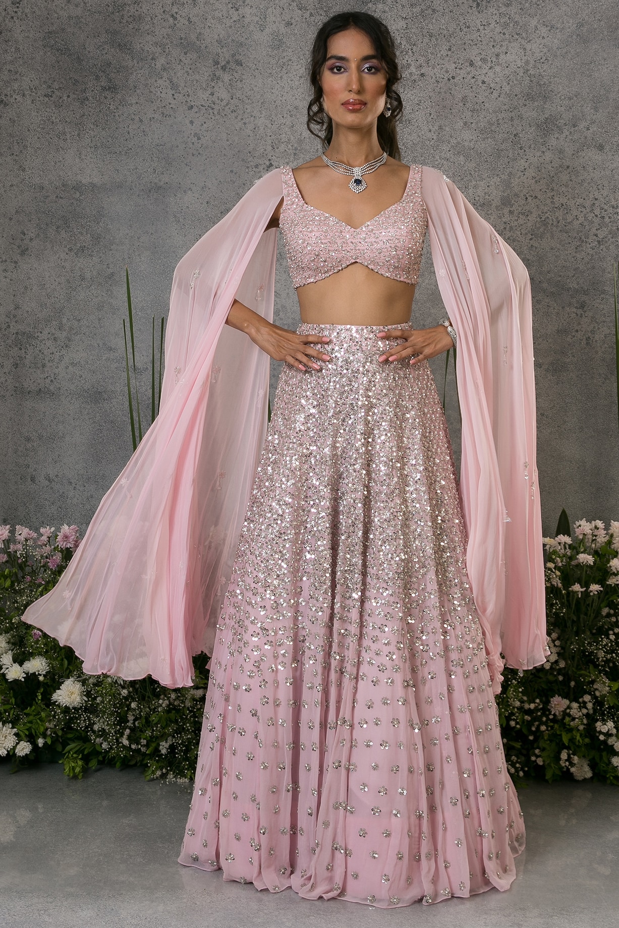 Baby Pink Silver Georgette Embroidered Wedding Lehenga Set by