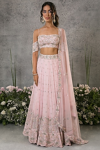 Pastel Pink Georgette Embroidered Lehenga Set by Pritika Vora