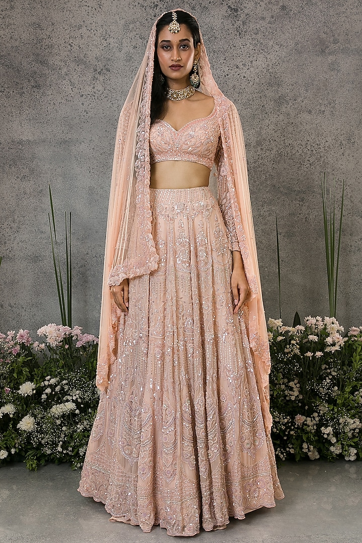 Peach Organza Silk Hand Embroidered Bridal Lehenga Set by Pritika Vora at Pernia's Pop Up Shop