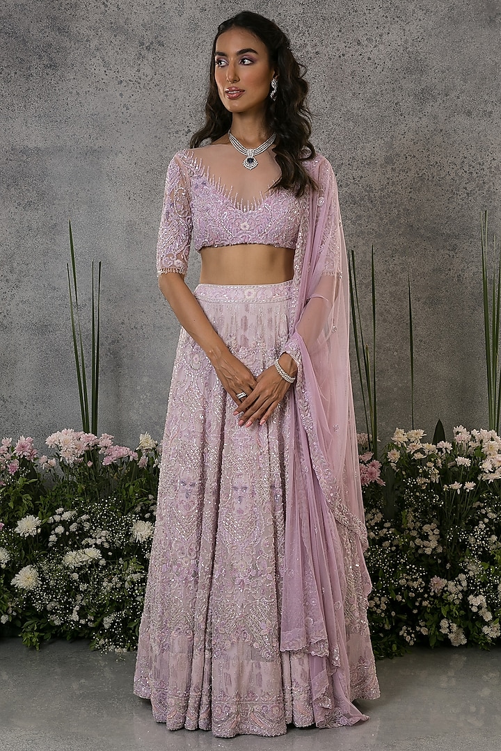 Light Lilac Organza Silk Hand Embroidered Bridal Lehenga Set by Pritika Vora at Pernia's Pop Up Shop