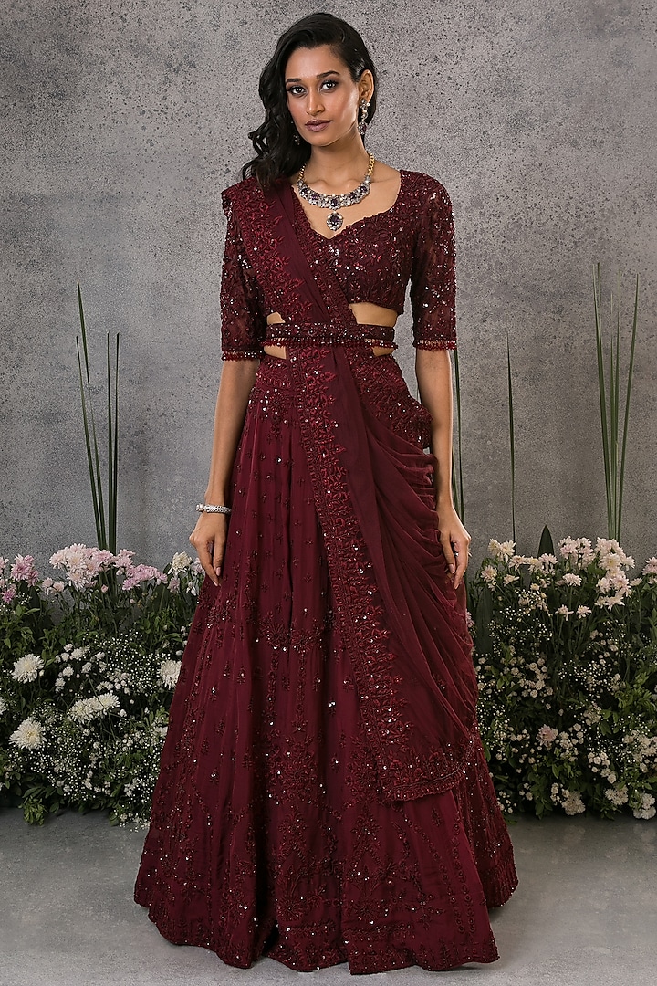 Rosewood Organza Silk Embroidered Wedding Lehenga Set by Pritika Vora at Pernia's Pop Up Shop