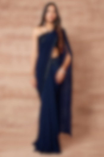 Midnight Blue Crepe Chiffon Sequins Embroidered Draped Wedding Saree Set by Pritika Vora at Pernia's Pop Up Shop