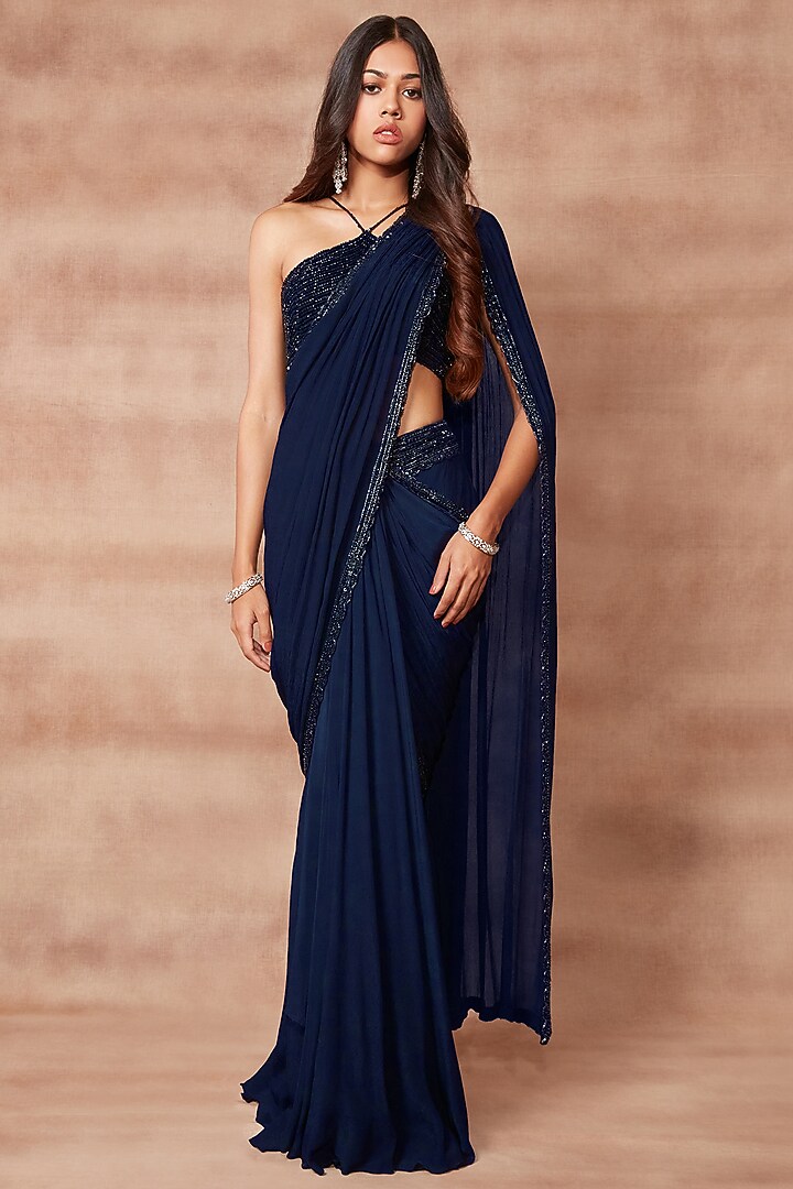 Midnight Blue Crepe Chiffon Sequins Embroidered Draped Wedding Saree Set by Pritika Vora at Pernia's Pop Up Shop