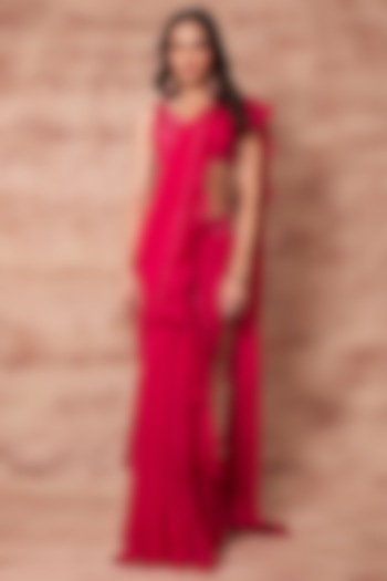 Rani Pink Georgette & Organza Silk Ruffled Wedding Saree Set by Pritika Vora at Pernia's Pop Up Shop