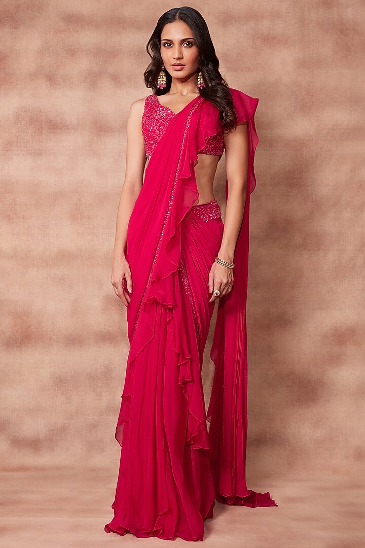 Rani Pink Georgette & Organza Silk Ruffled Wedding Saree Set by Pritika Vora at Pernia's Pop Up Shop