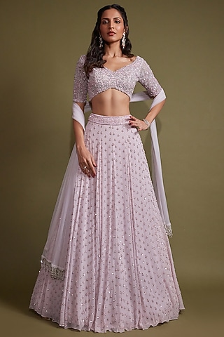 Light Lilac Georgette Sequins Hand Embroidered Lehenga Set by Pritika Vora