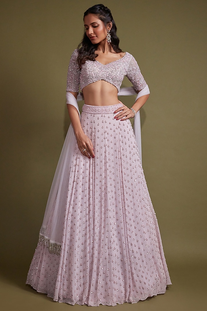 Light Lilac Georgette Sequins Hand Embroidered Wedding Lehenga Set by Pritika Vora at Pernia's Pop Up Shop