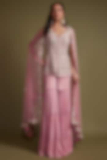 Onion Pink Organza Silk Sequins Embroidered Jacket Set by Pritika Vora at Pernia's Pop Up Shop