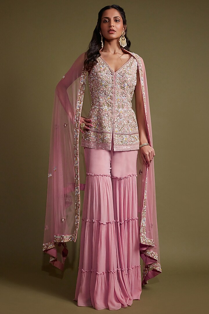 Onion Pink Organza Silk Sequins Embroidered Jacket Set by Pritika Vora at Pernia's Pop Up Shop