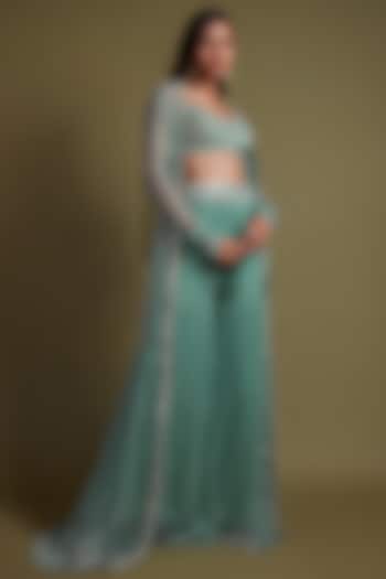 Teal Chiffon Cutdana Embroidered Wedding Sharara Set by Pritika Vora at Pernia's Pop Up Shop
