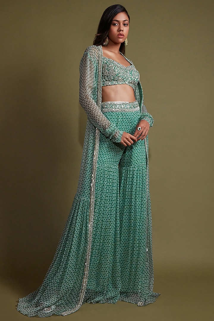Teal Chiffon Cutdana Embroidered Wedding Sharara Set by Pritika Vora at Pernia's Pop Up Shop