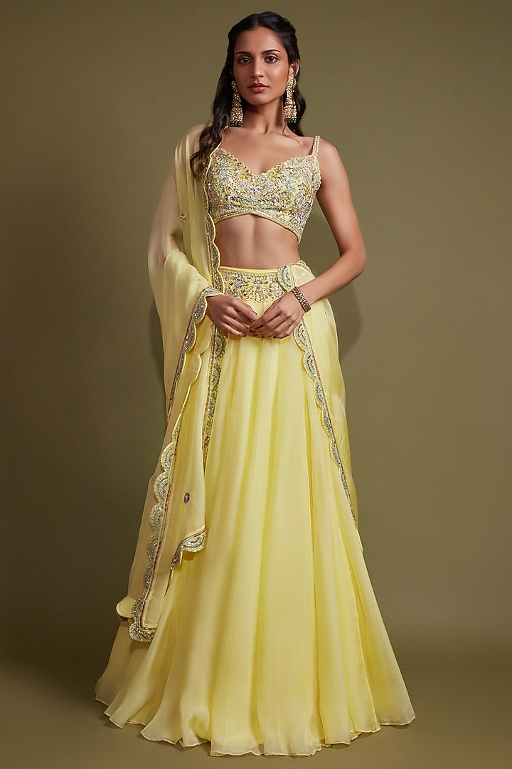 Yellow Organza Pearl Embroidered Wedding Lehenga Set by Pritika Vora at Pernia's Pop Up Shop